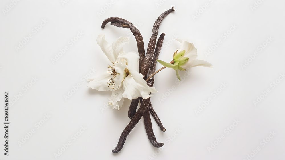 Poster vanilla pods and flower on white background : generative ai