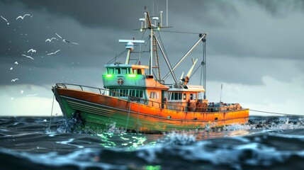 Fototapeta premium Fishing Boat Sailing Through Choppy Waters