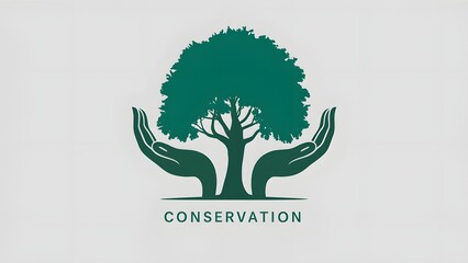 Obraz premium A green icon of a tree with hands on either side, symbolizing care or protection. Below the tree, there's a textual label that reads 'CONSERVATION'.