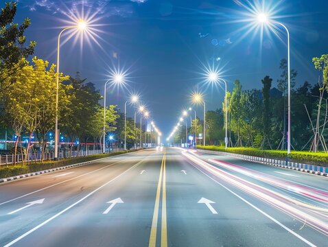 Energy-efficient street lights with smart lighting systems illuminating a city street at night, showcasing advanced intelligent technology for urban areas,
