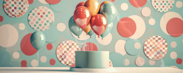 A podium adorned with vintage-style balloons, set against a nostalgic birthday background with retro patterns and colors