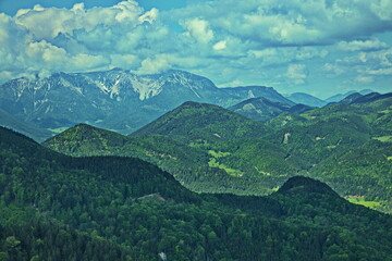 View of mountain panorama with Schneeberg from Kleine Kanzel on Hohe Wand, Austria, Europe
