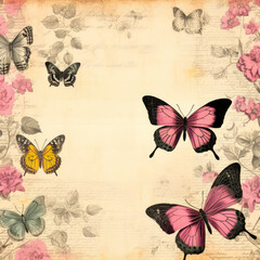 vintage floral paper with butterfly, design grunge. scrap booking backgrounds, wallpapers with butterfly.  vintage butterfly and plant frame card design with copy space.