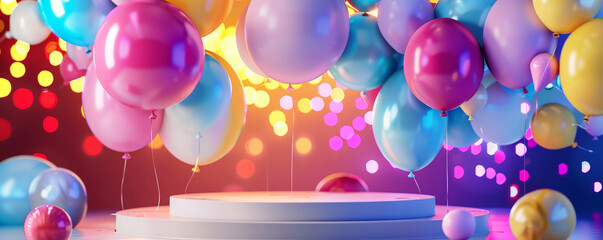 A podium with large, helium-filled balloons creating an arch, set against a background of bright birthday lights and decorations