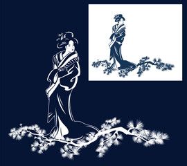 vector blue and white design set of beautiful geisha woman wearing traditional japanese kimono dress and winter season pine tree branch border