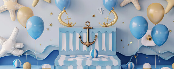 A podium adorned with balloons in nautical colors, with a sea-themed birthday background featuring anchors and waves