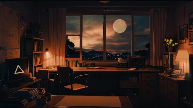 A cozy lofi student study room with a wooden desk and chair near a large window showing a serene night view.