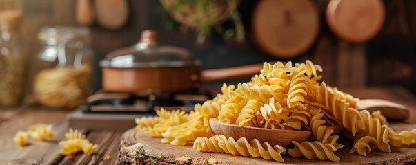 Fototapeta premium A pile of uncooked fusilli pasta cascading from a wooden spoon onto a rustic wooden cutting board. The kitchen scene in the background includes earthenware jars, a cast-iron stove, and hanging dried