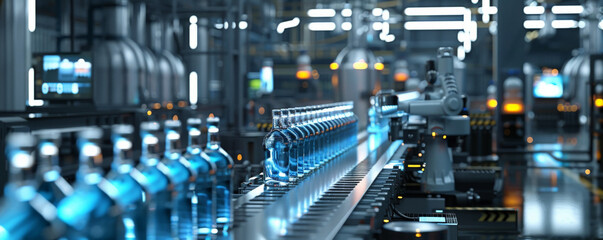 Fototapeta premium A modern bottling factory production line in the beverage industry, highlighting the latest automation technology. The scene includes robots performing quality checks on bottles, a seamless conveyor