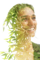 A cheerful double exposure half profile portrait of a smiling woman