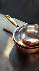 A set of copper pans stacked neatly on a stainless steel counter, reflecting a mix of warm and metallic tones in a modern kitchen setting.
