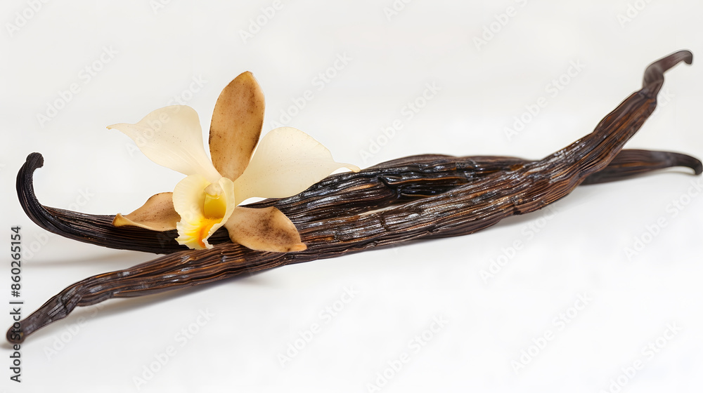 Poster vanilla pods isolated dried vanilla sticks and vanilla flower on white background aromatic ingredien