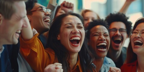 Obraz premium A group of happy people laughing and raising their hands in joy, great for a party or celebration scene