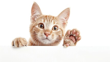 Happy cat peeks out from behind a banner and waving his paw. isolated on white background