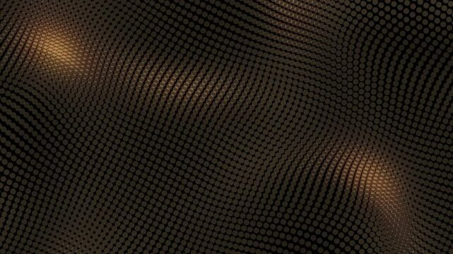 Golden waves on a black background. Digital sea, graphic dots landscape, ocher. Abstract light copper background. Bronze background. Typography card. Luxurious wavy space. Dear Sci-fi, looped HUD