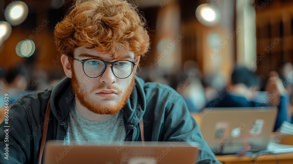 Canvas Prints A young man with curly red hair and glasses is looking intently at a laptop.