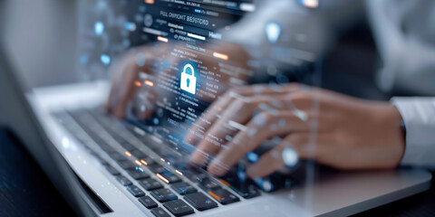 Close-up of hands typing on laptop with digital lock icon and data visualization, emphasizing importance of cybersecurity and AI in data analysis