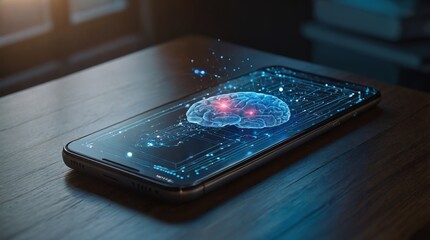 Virtual assistant voice recognition service technology. AI artificial intelligence robot support. Chatbot brain on smartphone system. AI generated