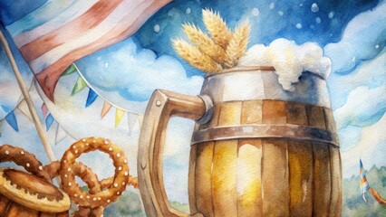 Close-up of a wooden barrel with Oktoberfest decorations, including a beer mug, pretzels, and Bavarian flag elements