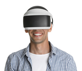 Smiling man using virtual reality headset on white background