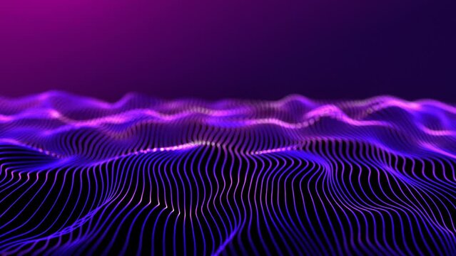 Purple wave. Abstract neon light magenta background. Futuristic dynamic moving energetic flow. Digital sea, graphic landscape, typography map. Wavy space. Sci-fi microworld. 3D looped 