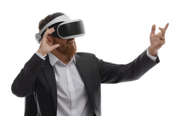 Man using virtual reality headset while sitting in office chair on white background