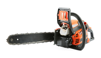 One electric chainsaw isolated on white. Wood cutting tool