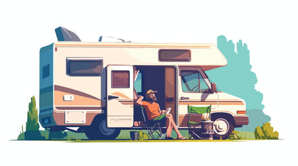 Obraz premium Man sitting in front of motorhome. flat vector style