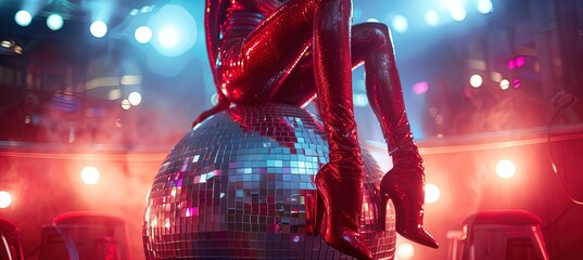 Close-up of person in red sequin outfit with high heels sitting on disco ball in a party setting. Studio shot with colorful lights and balloons. Nightclub and party concept for poster and banner.