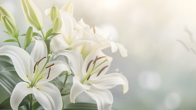 Branch of white lilies flowers Mourning or funeral background : Generative AI