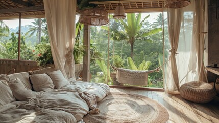 Cozy Bedroom with Tropical View and Woven Accents - A bedroom with a large bed, a woven rug, and wicker lamps overlooks a lush tropical garden.