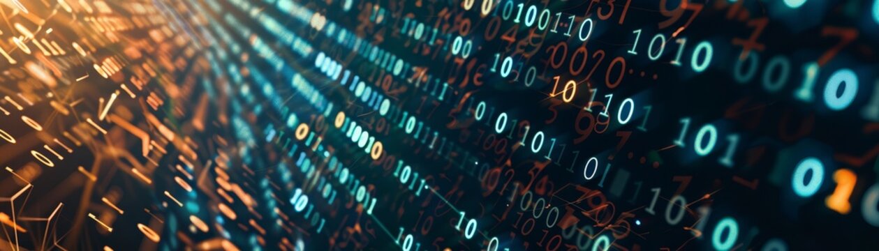 Digital Code Abstract with 0 and 1 Numbers - An abstract background with glowing binary code. The focus is on the 0s and 1s, set against a dark background and light streaks.