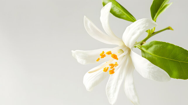 Orange tree blossom single white flower isolated on white Neroli citrus bloom : Generative AI
