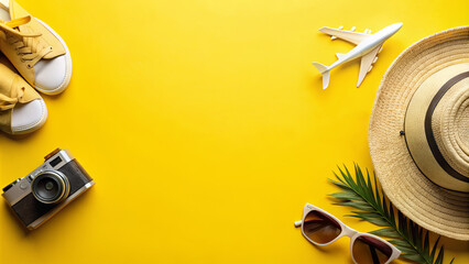 A yellow background with summer travel accessories, including a camera, shoes, sunglasses, a hat, and toy airplanes
