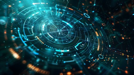 Futuristic Circular Interface: High-Tech Digital Background with Sea Green Color