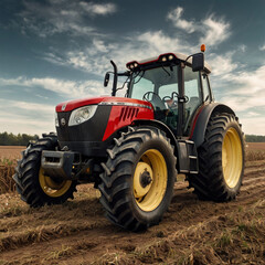 Tractor, rugged design, working on a farm, photorealistic, 1440p --ar 16:9. A photorealistic image of a rugged tractor working on a farm. Generative AI.