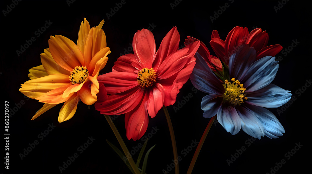 Poster colorful flowers against a black background in a studio environment : generative ai