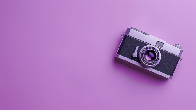 A vintage camera on a purple background.