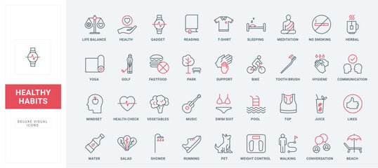 Healthy lifestyle and good habits for body health, work life balance line icons set. Yoga and bike, park walk with pet, sleeping and diet thin black and red outline symbols vector illustration
