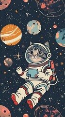 Science fiction space wallpaper with cat astronaut