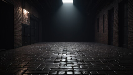 Fototapeta premium A black brick wall with a large empty room in the middle