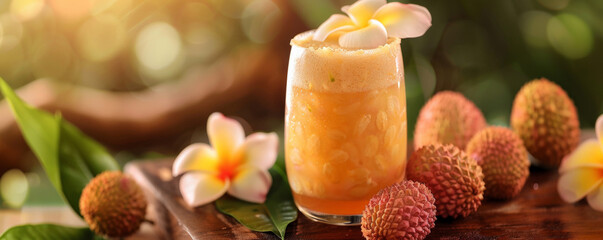 A tropical fresh juice background with a glass of lychee juice, garnished with lychee fruits and tropical flowers, placed on a wooden table