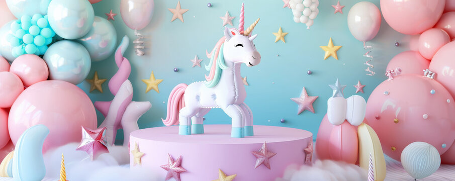 A podium with balloons in a unicorn theme, featuring pastel colors and magical elements against a whimsical birthday background