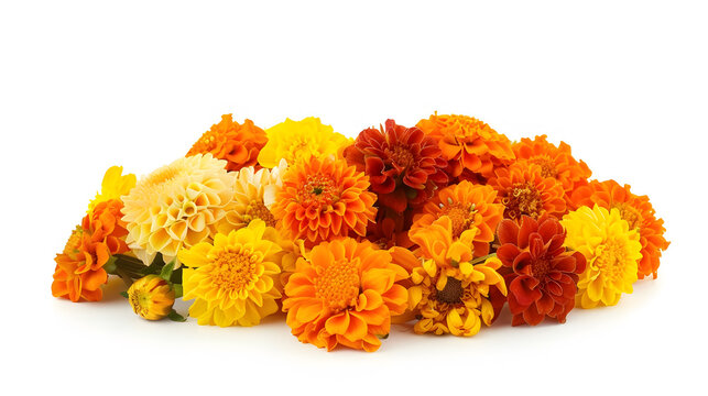 COLOURFUL MARIGOLD FLOWERS  ISOLATED ON WHITE BACKGROUND : Generative AI