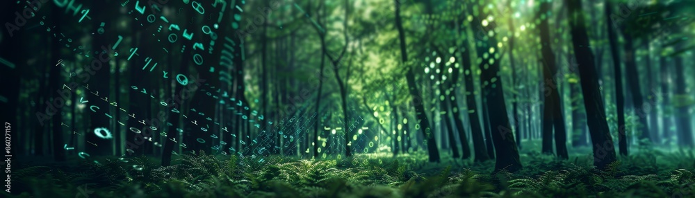 Wall mural Digital Data in a Lush Forest - A mystical forest setting with glowing green digital code floating among the trees.