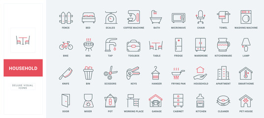 Household equipment, kitchen tools for cooking and electric appliances line icons set. Domestic smart devices, home office furniture and machines thin black and red outline symbols vector illustration