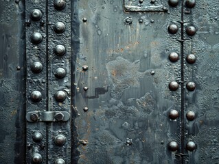 Fototapeta premium A weathered metal door with rusty rivets, showcasing a vintage industrial style with a worn and aged appearance.
