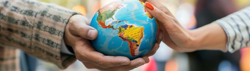 Hands Holding a Globe Representing the World - Two hands, one belonging to a man and the other to a woman, gently cradle a small globe, representing the world. The image is taken in an outdoor setting