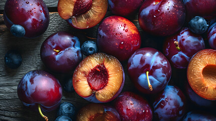 Fototapeta premium fresh plum top down view background poster 