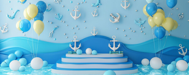 A podium adorned with balloons in nautical colors, with a sea-themed birthday background featuring anchors and waves